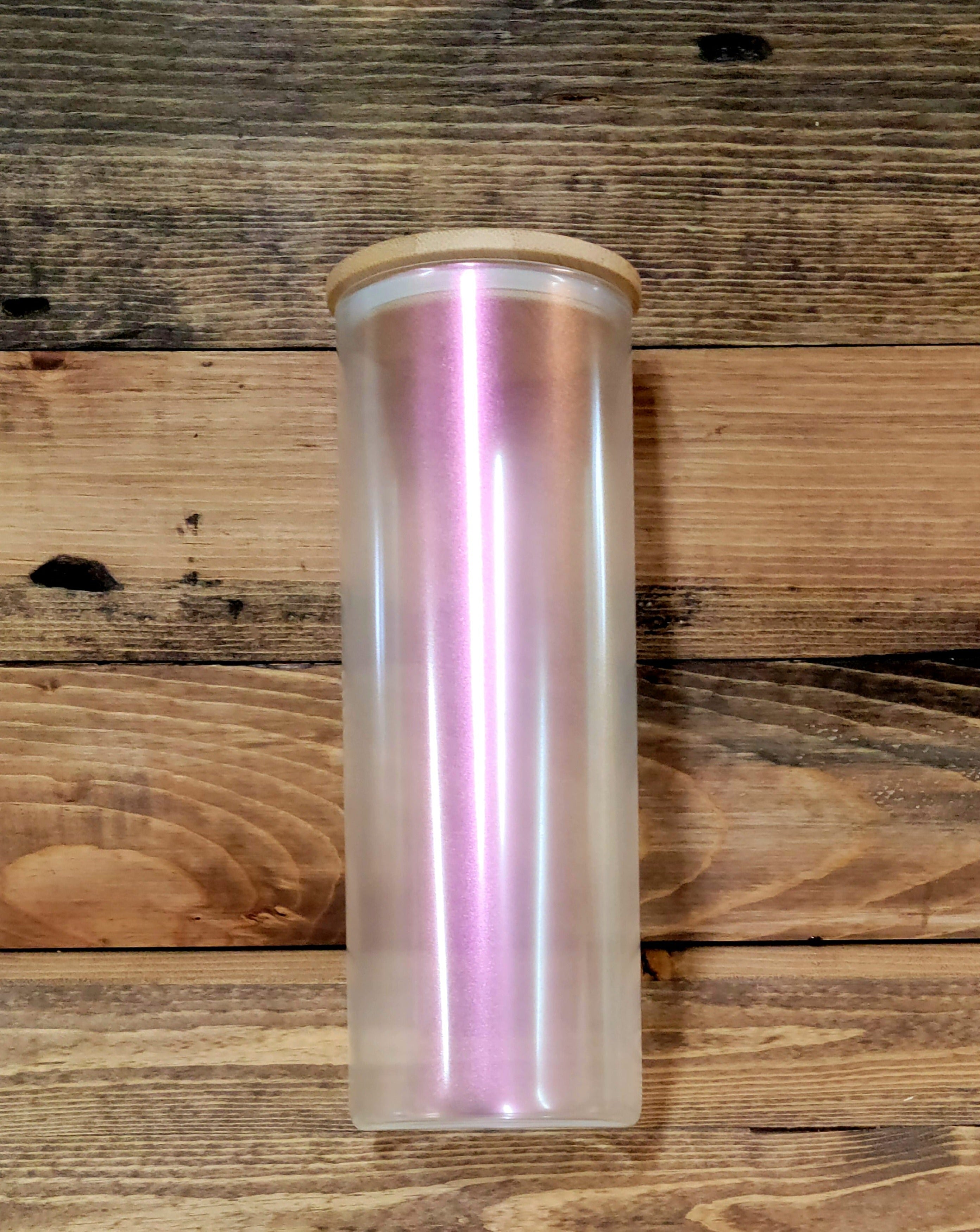 16 oz Iridescent Glass Tumbler with Bamboo Lid for Sublimation Pink